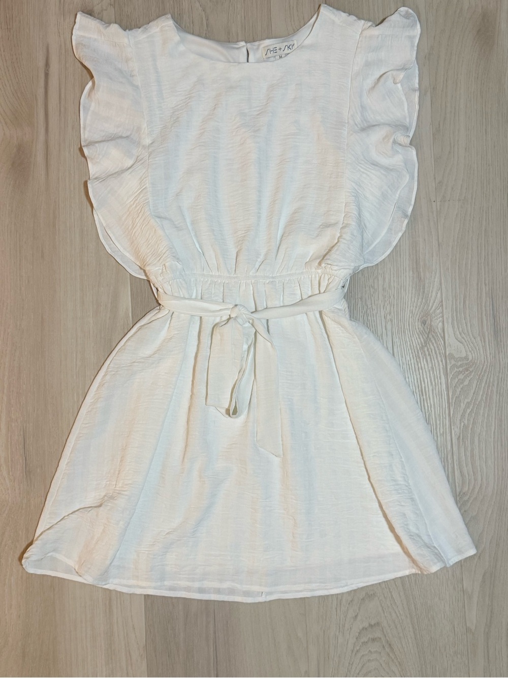She + Sky White Ruffle Sleeve Tie-Waist Mini Dress